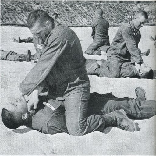 Żołnierze w uniformach wykonują ćwiczenia samoobrony na piaszczystym terenie, ćwicząc chwyty dłonią na gardle trenującego leżącego na ziemi. W tle widoczni są inni uczestnicy zajęć.