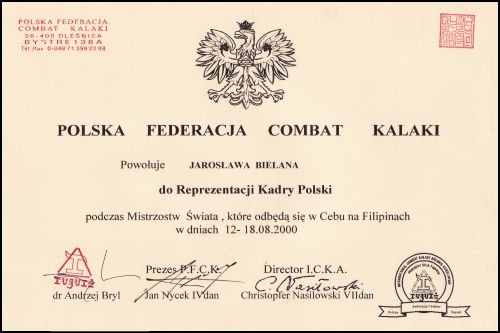 Jarosław Bielan Certyfikat Powołania do Kadry Polski