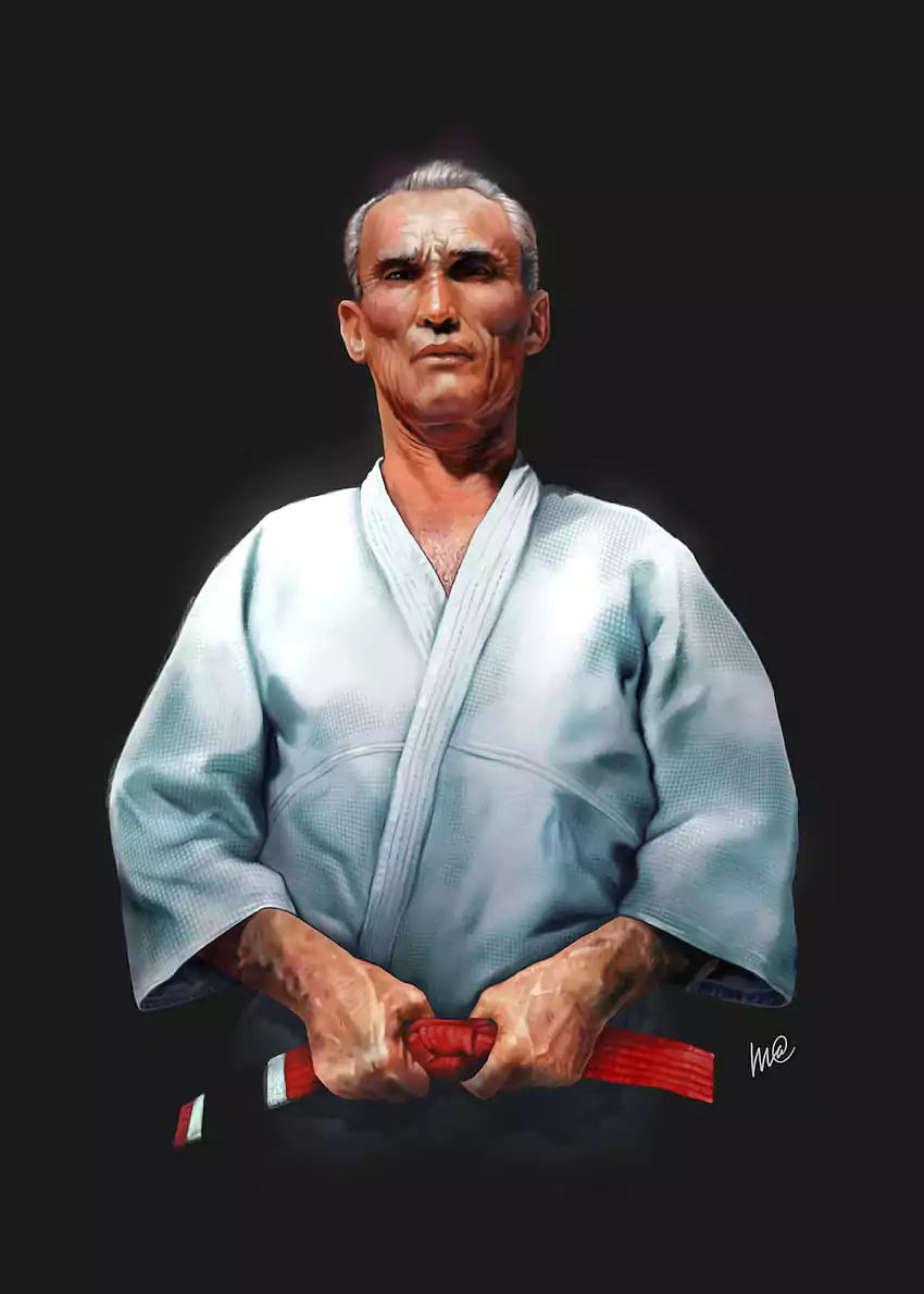 Mężczyzna w kimono trzyma czerwony pas obiema rękoma. Patrzy spokojnie przed siebie. Czarne tło podkreśla jego postać, dodając scenie powagi i znaczenia.