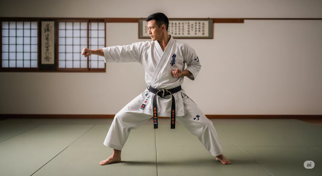 Mężczyzna w stroju do karate wykonuje bojową postawę w tradycyjnej dojo ze ścianami z japońskimi napisami i matą tatami na podłodze.