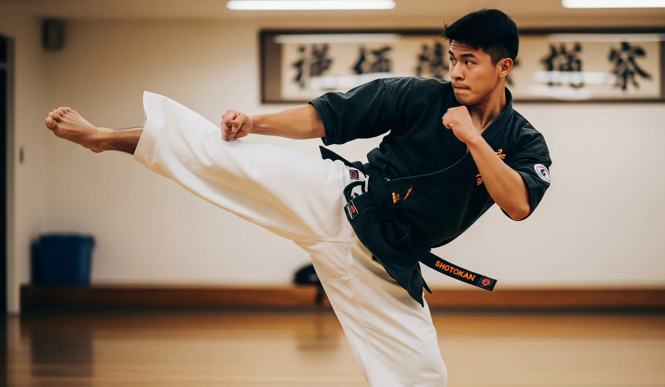 Mężczyzna w stroju karate wykonuje kopniak w dojo, na drewnianej podłodze. Na czarnym pasie napis "SHOTOKAN". W tle wiszą kaligrafie.
