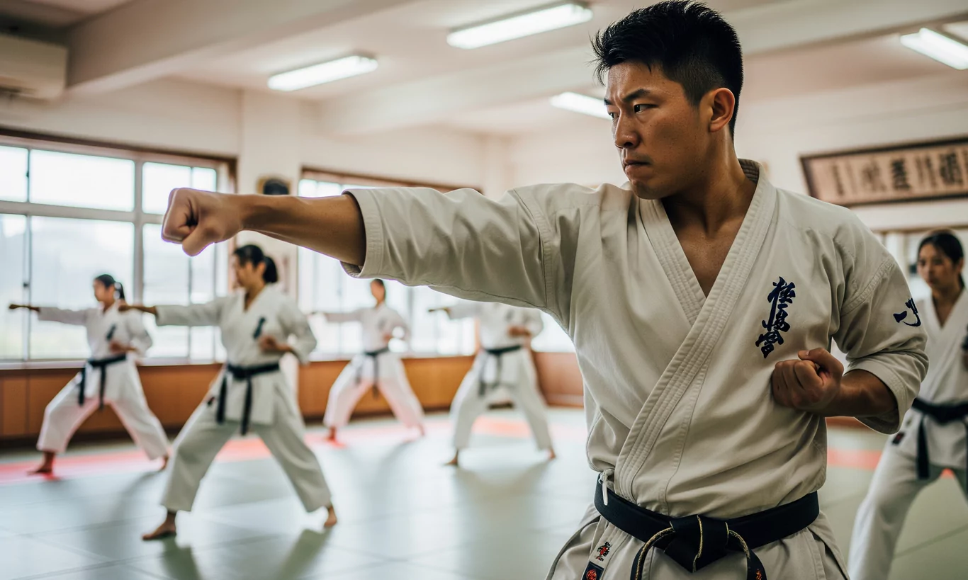 Mężczyzna w białym kimonie wykonuje cios pięścią w dojo. W tle widać innych praktykujących w podobnych strojach, stojących w pozycji bojowej.
