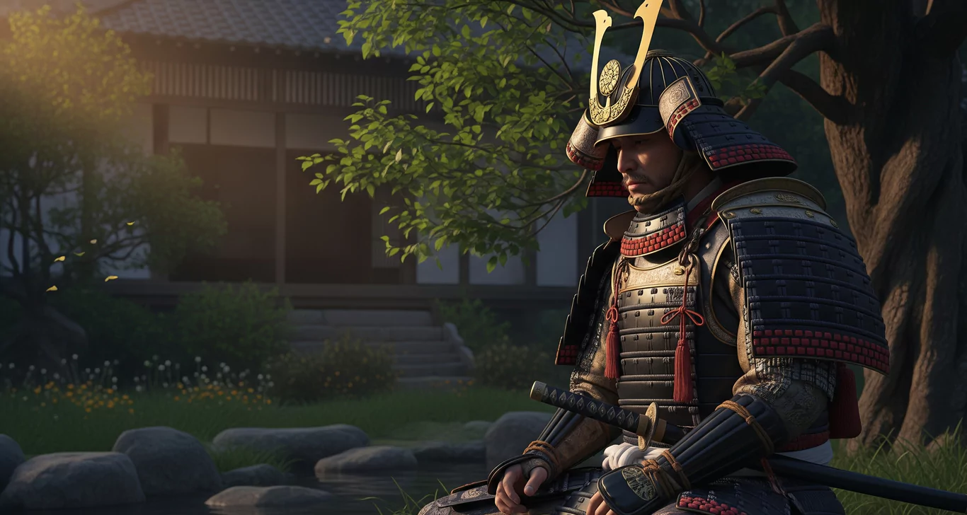 Samuraj medytuje w pełnej zbroi, siedząc nad stawem. Wokół niego rośnie bujna roślinność, a w tle znajduje się tradycyjny budynek.