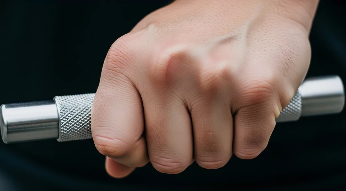 Ręka mocno zaciska się na metalowym uchwycie, którego powierzchnia jest chropowata. Tło jest ciemne, co podkreśla szczegóły dłoni i uchwytu.