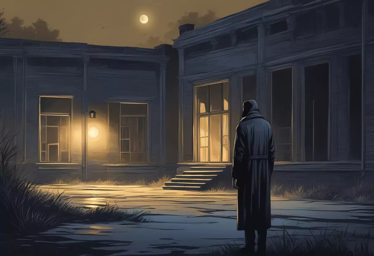 Postać w płaszczu stoi przed opuszczonym budynkiem oświetlonym ciepłym światłem, w tle widać księżyc i ciemne niebo. Otoczenie jest mroczne i tajemnicze.
