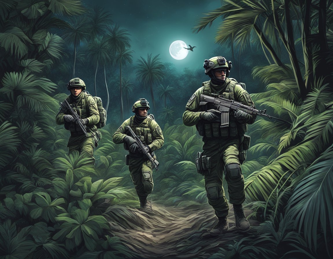 Żołnierze maszerują przez gęstą, tropikalną dżunglę, w nocy. W tle świeci księżyc, a nad palmami przelatuje ptak, tworząc tajemniczą atmosferę.