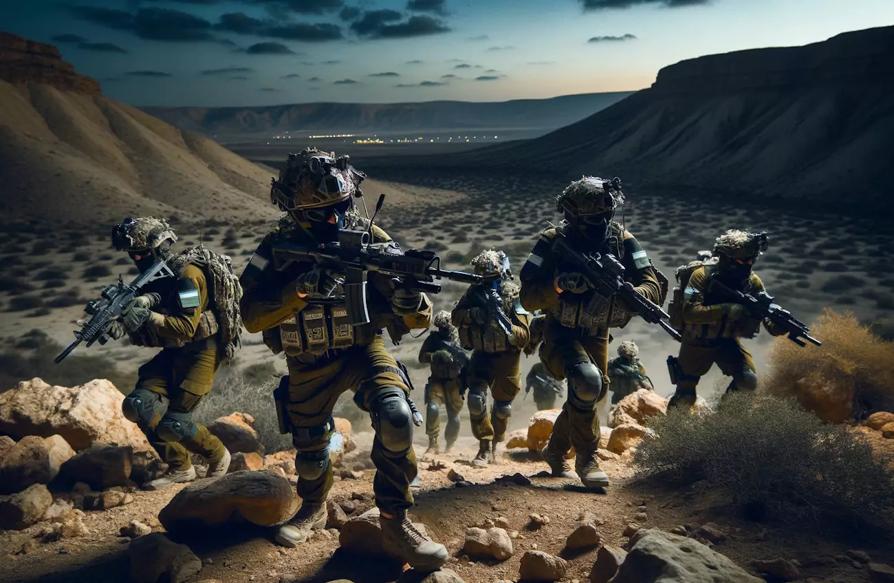 Żołnierze w pełnym wyposażeniu wojskowym idą w górę kamienistego zbocza, trzymając broń. Otoczenie to pustynny krajobraz o zmierzchu z odległymi światłami w tle.