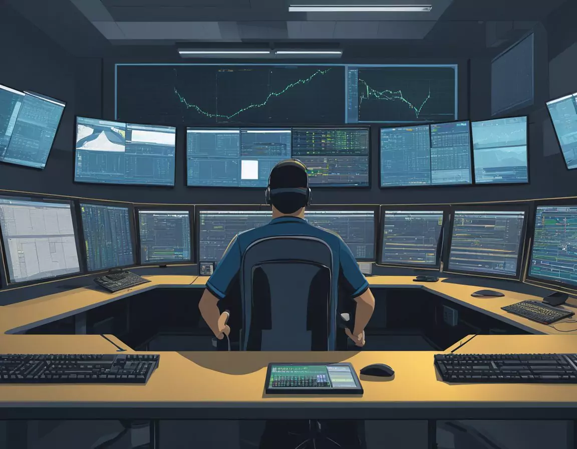 Osoba w słuchawkach siedzi przed wieloma monitorami, analizując dane giełdowe. Otoczony ekranami w ciemnym pomieszczeniu, skupia się na wykresach i liczbach.