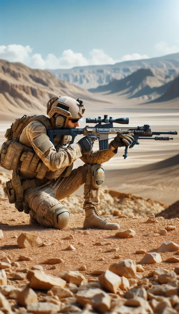 Żołnierz klęczy, celując z karabinu, w pustynnym krajobrazie z widokiem na góry w tle. Ma na sobie pełne wyposażenie bojowe i hełm.