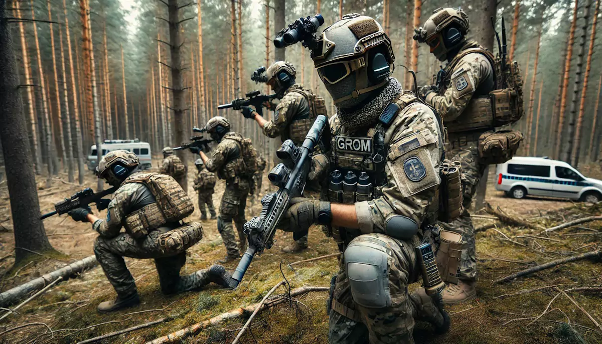 Żołnierze specjalnej jednostki "GROM", wyposażeni w karabiny i sprzęt taktyczny, poruszają się w lesie. W tle widać pojazdy i gęsty las z wysokimi sosnami.