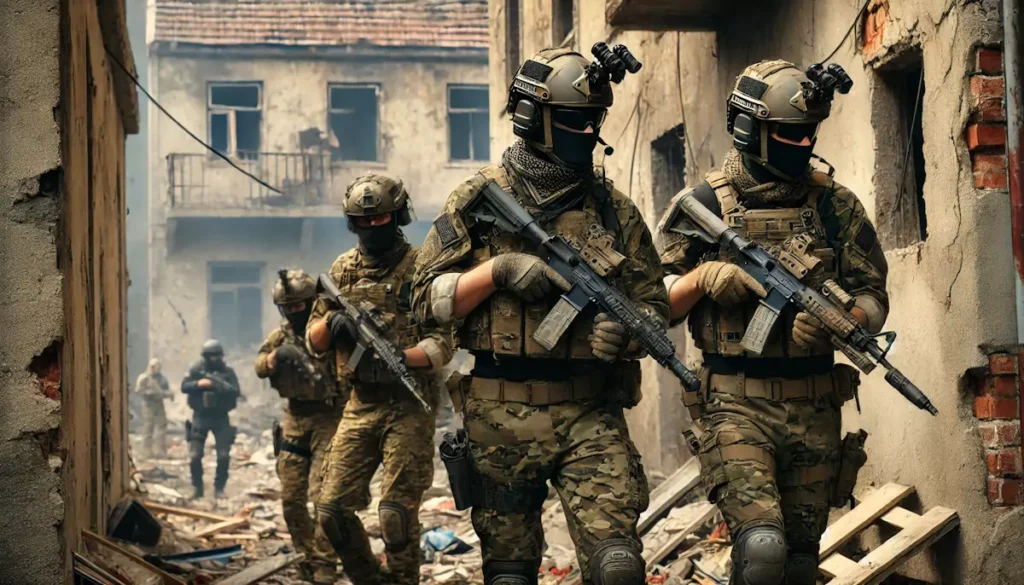 Żołnierze w pełnym oporządzeniu, uzbrojeni, idą w zwartej formacji. Tło stanowią zniszczone budynki, widać gruz oraz drzwi i okna bez szyb, co sugeruje działanie w rejonie walk.