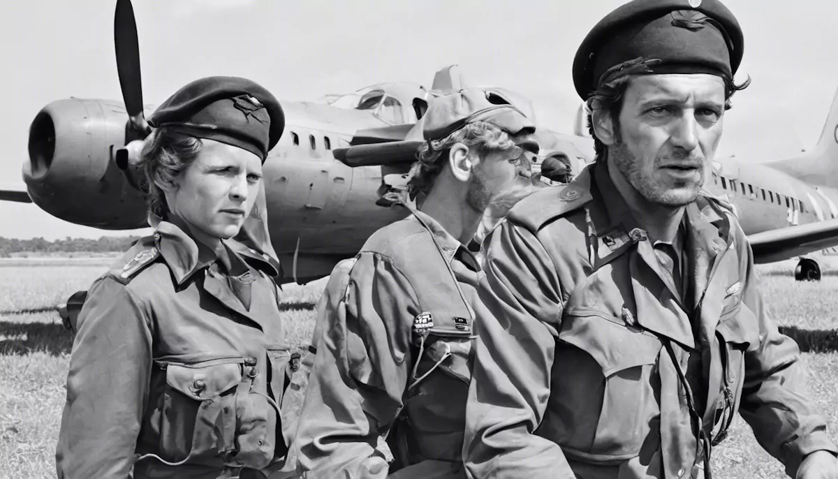 Żołnierze stoją na tle samolotu wojskowego na lotnisku. Wszyscy ubrani są w mundury, a dwie osoby mają na głowach berety. Otoczenie stanowi trawiasty teren lotniska.