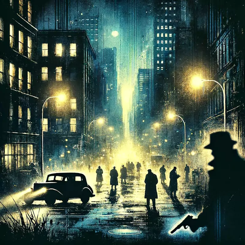 Sylwetka mężczyzny w kapeluszu i z pistoletem na tle mglistej, nocnej ulicy pełnej ludzi. W tle neony i refleksy świetlne tworzą klimatyczną, miejską scenerię przypominającą film noir.