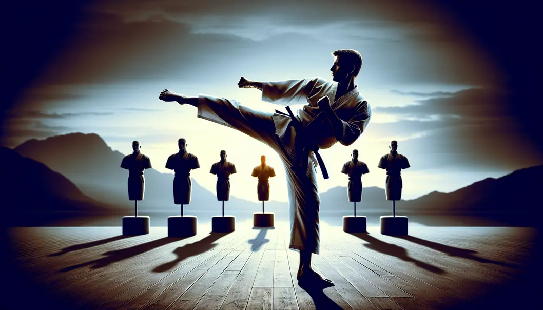 Andy Hug w akcji, wykonujący kop podczas mistrzostw w karate na tle publiczności.