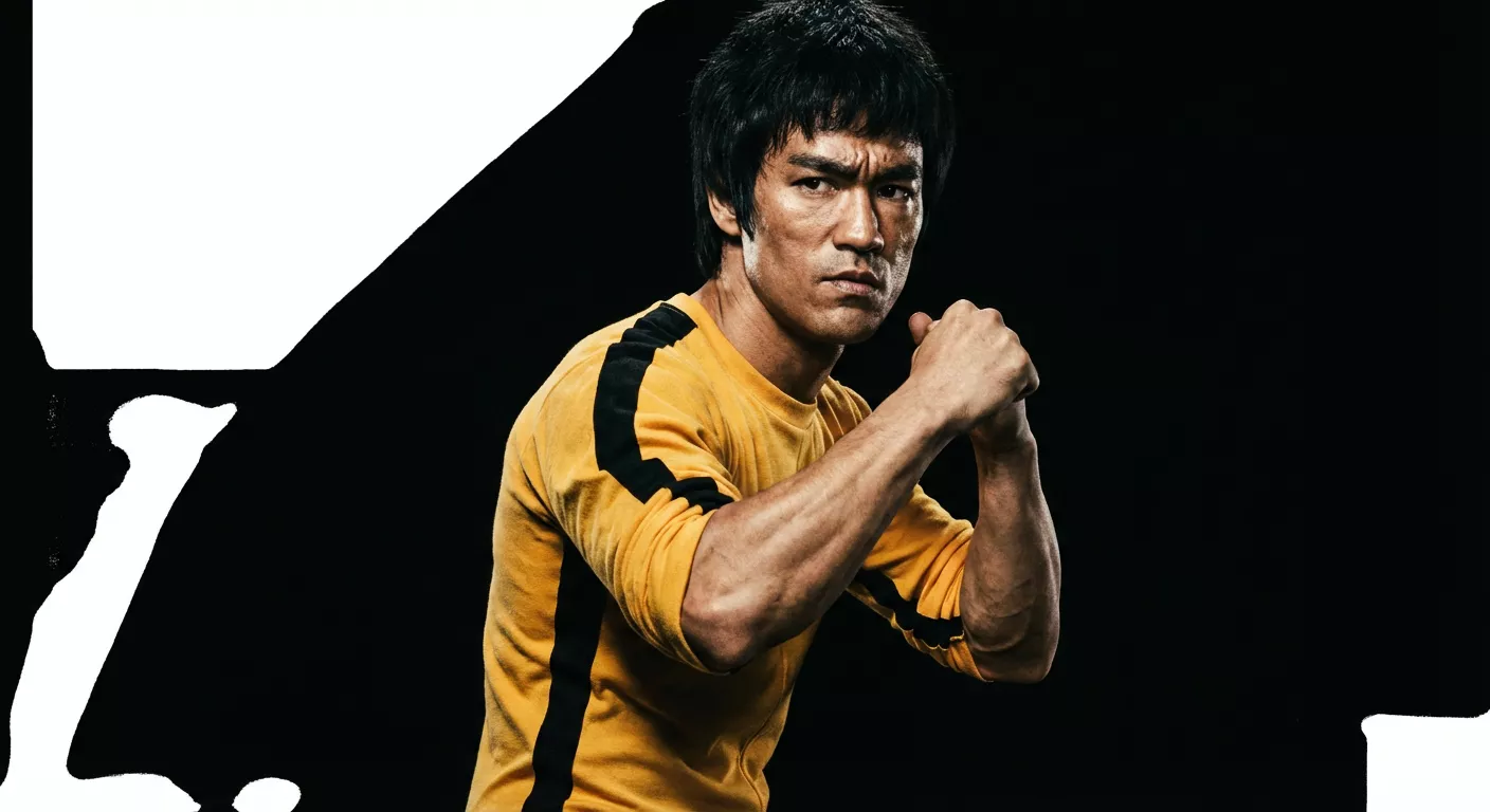 Mężczyzna w żółtym stroju patrzy z determinacją, stojąc w pozycji bojowej. Za nim ciemne tło z kontrastującymi białymi kształtami.