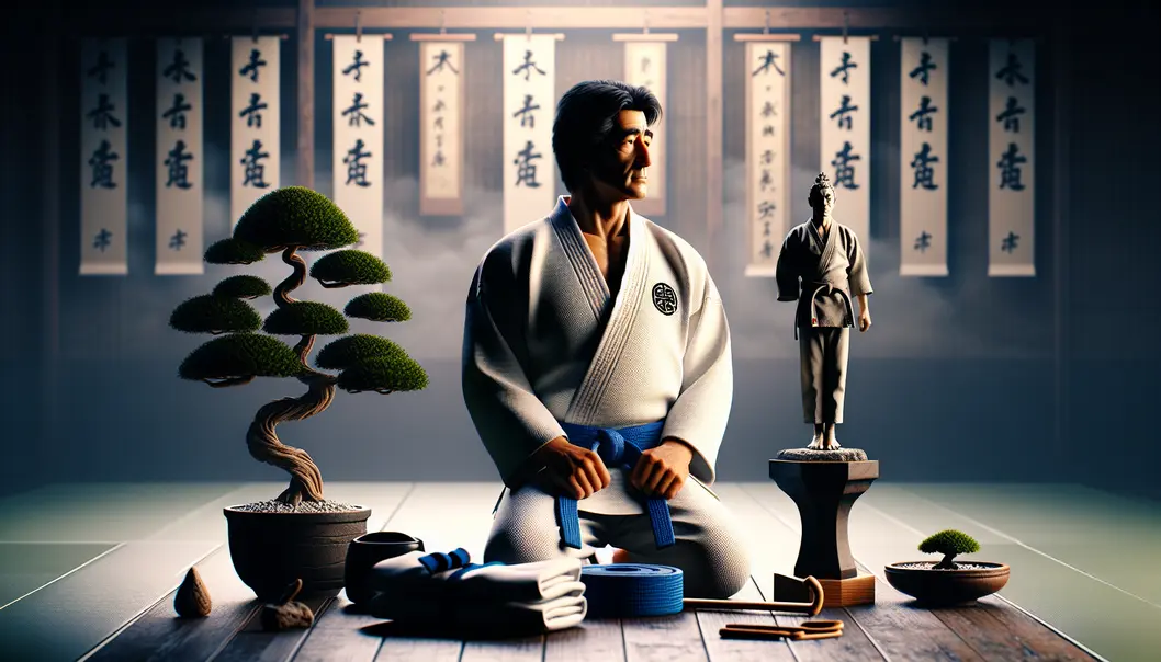 Portret Gichina Funakoshiego w tradycyjnym gi na tle dojo.