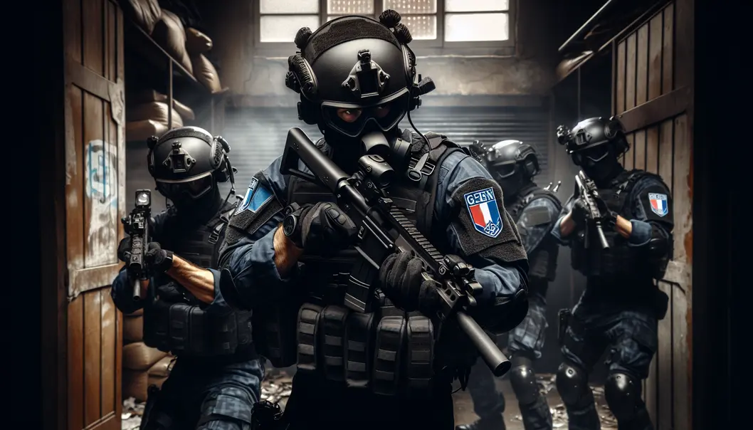 Grupa operatorów GIGN z widoku z lotu ptaka, gotowych do akcji