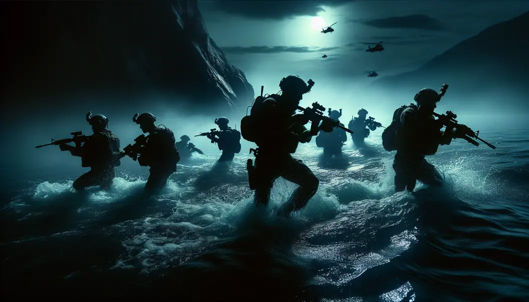 Żołnierze Navy SEALs w pełnym wyposażeniu podczas misji na morzu nocą.