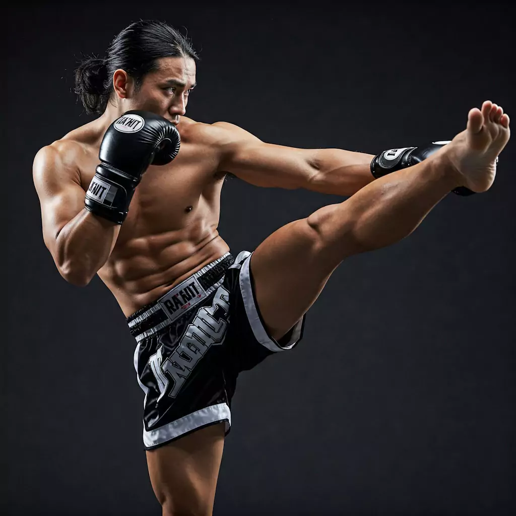 Mężczyzna wykonuje wysokie kopnięcie w bokserskich rękawicach, na tle ciemnego studio. Ubrany jest w czarne szorty z białymi napisami. Widać jego napięte, umięśnione ciało.