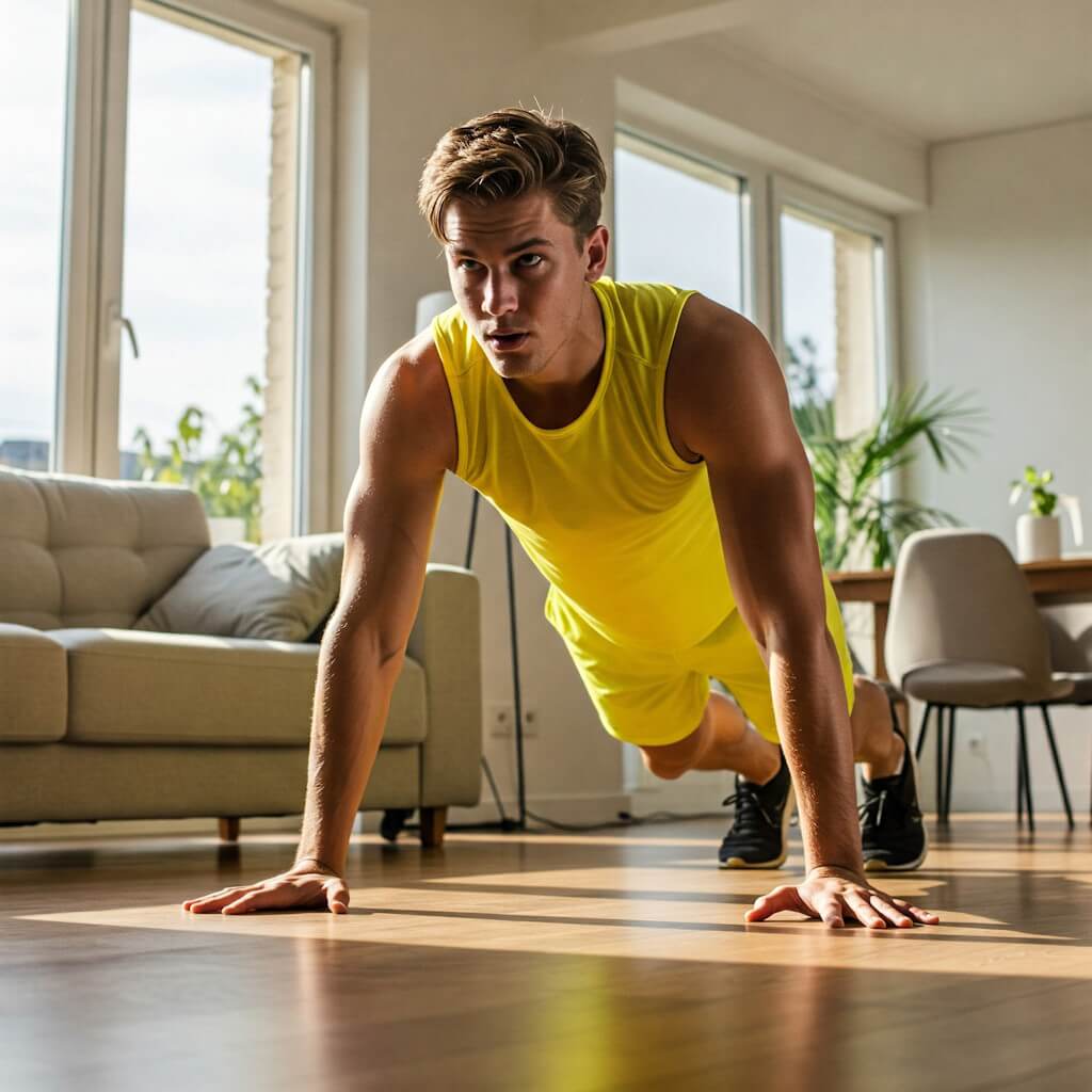 młody chłopak trenujący pompki w salonie