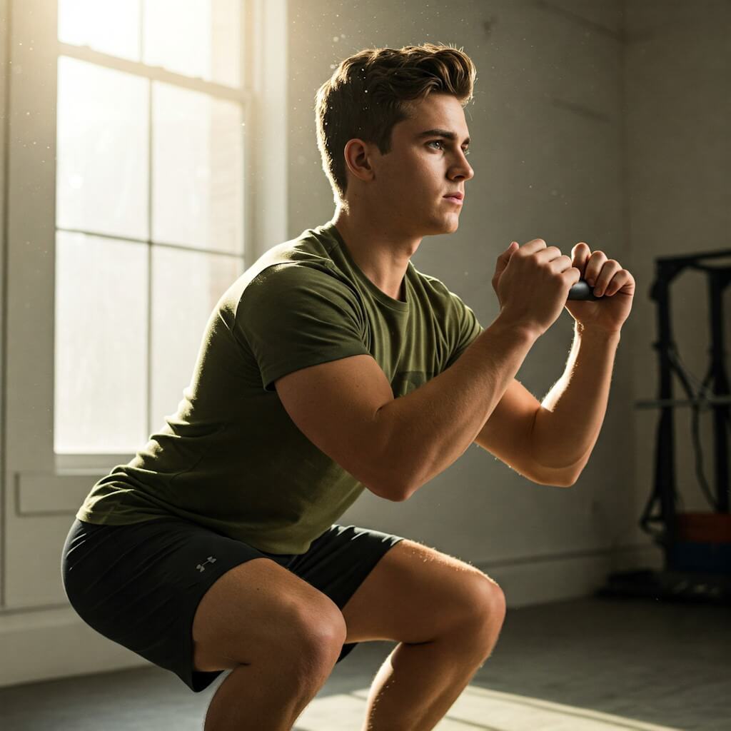 młody mężczyzna robiący przysiady w mieszkaniu