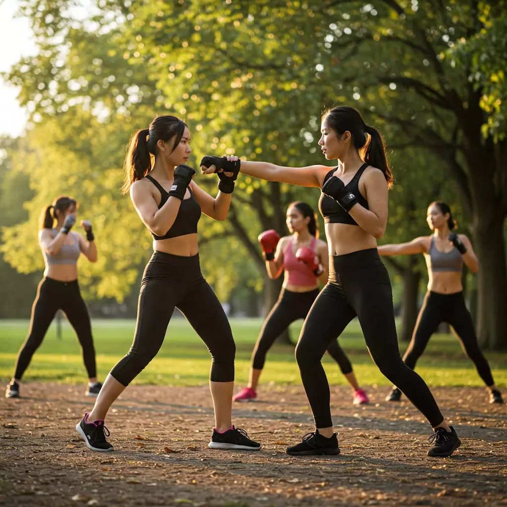 Kobiety trenują boks na świeżym powietrzu. Noszą sportowe ubrania i rękawice bokserskie. Ćwiczenia odbywają się w parku, otoczonym zielonymi drzewami i trawą.