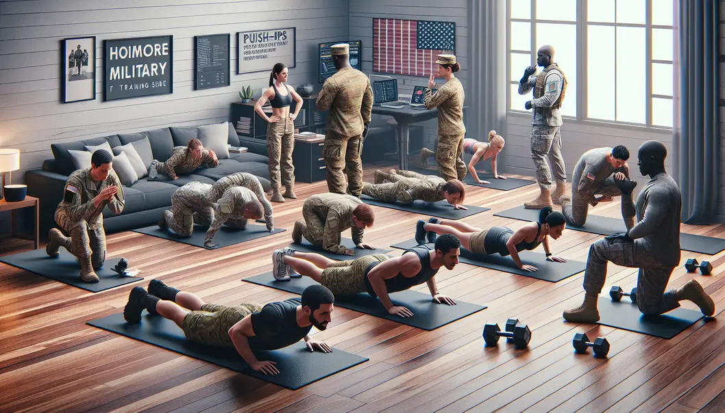 Osoba wykonująca przysiady w kamuflażowej odzieży wojskowej w otoczeniu domowym.