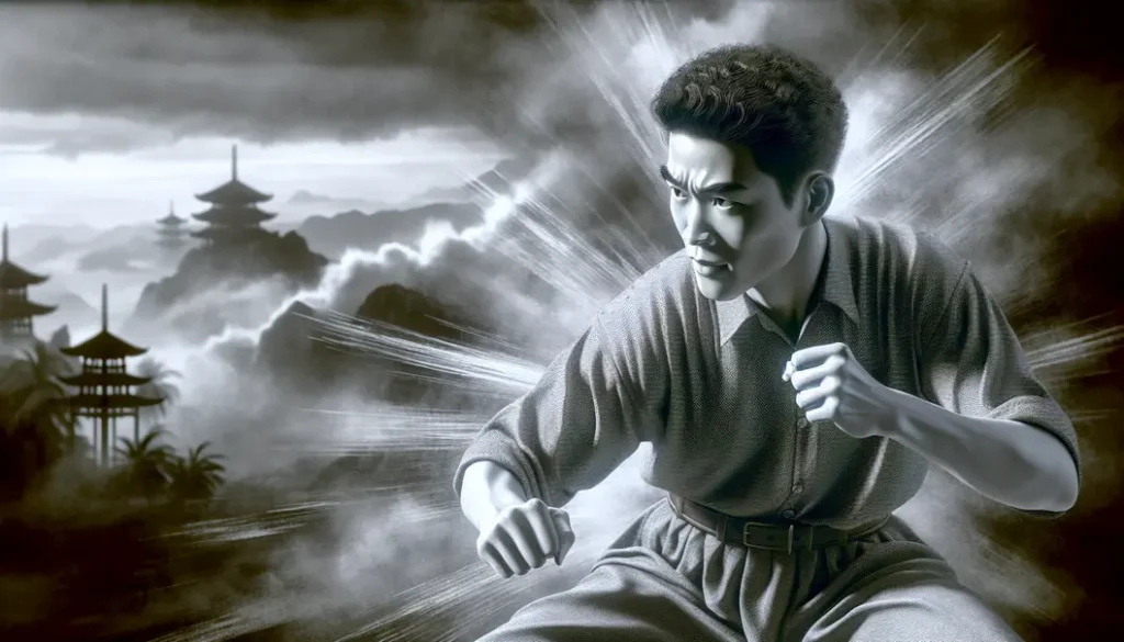 Bruce Lee w pełnym ruchu, symbolizujący wpływ Wejścia Smoka na sztuki walki.