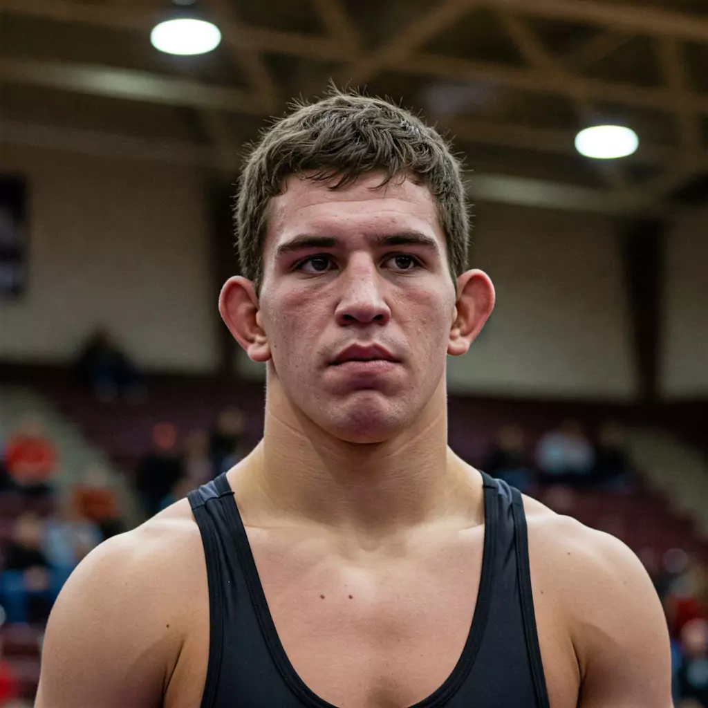 Zapaśnik w czarnej koszulce stoi skupiony. Tło przedstawia wnętrze hali sportowej z rozmytymi widzami na trybunach.