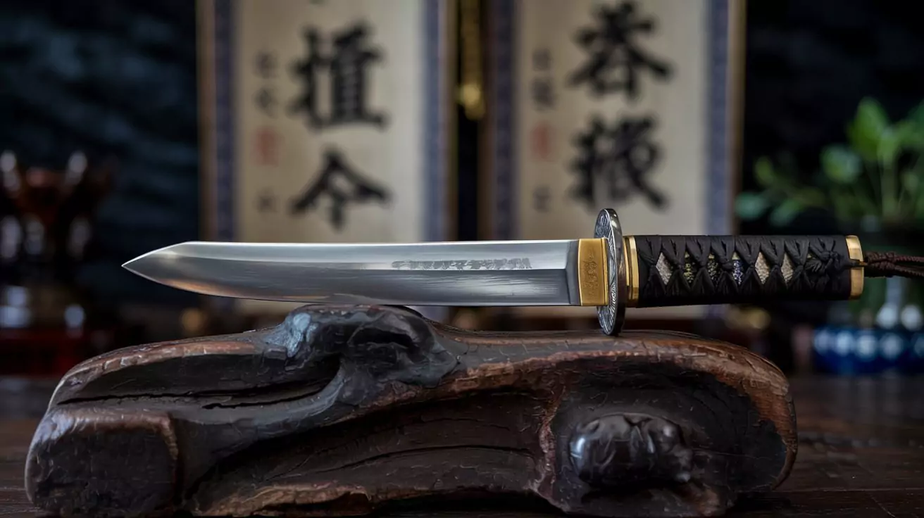 Miecz spoczywa nieruchomo na drewnianym stojaku. Jego ostrze mieni się w świetle, a rękojeść ma tradycyjny wzór. W tle znajdują się zwoje z japońskimi znakami.