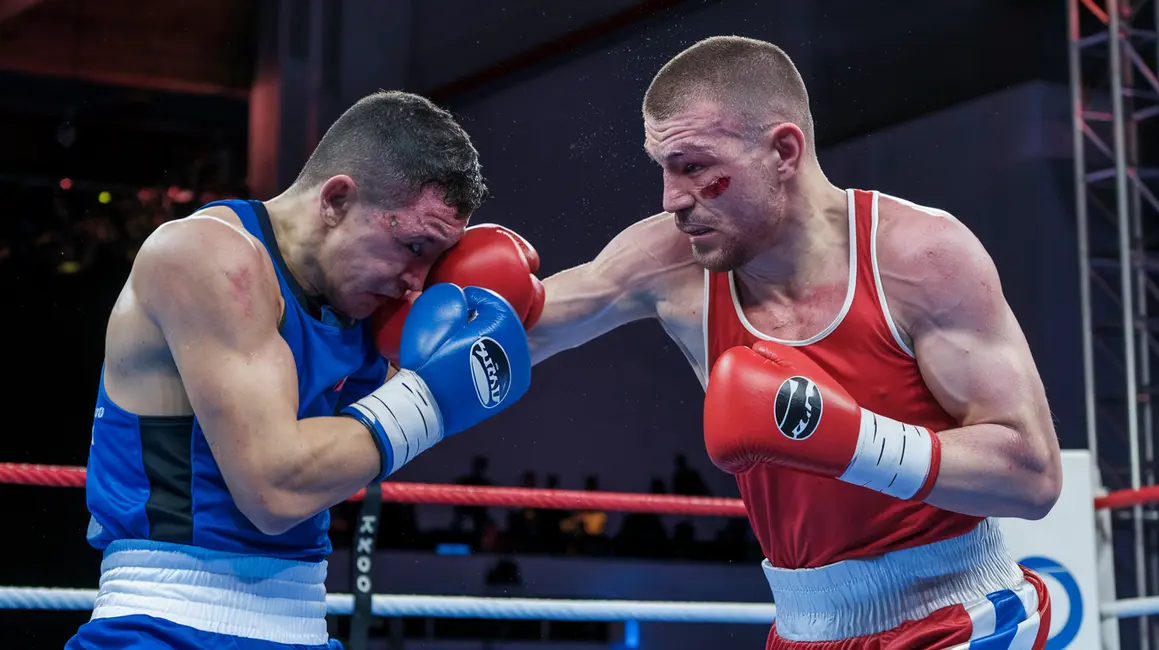 Bokser zadający prawy sierpowy na ringu podczas walki.
