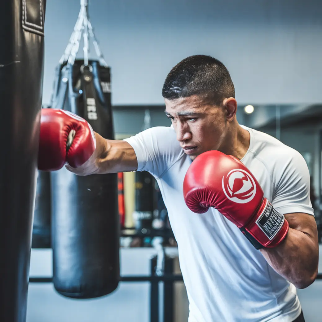 bokser trenujący siłę ciosu na worku treningowym