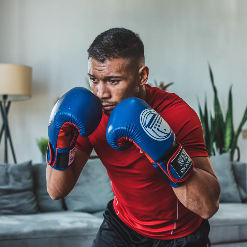 Mężczyzna w czerwonej koszulce ćwiczy boks, nosząc niebieskie rękawice bokserskie. Znajduje się w salonie z szarą kanapą, lampą stojącą i roślinami w tle.