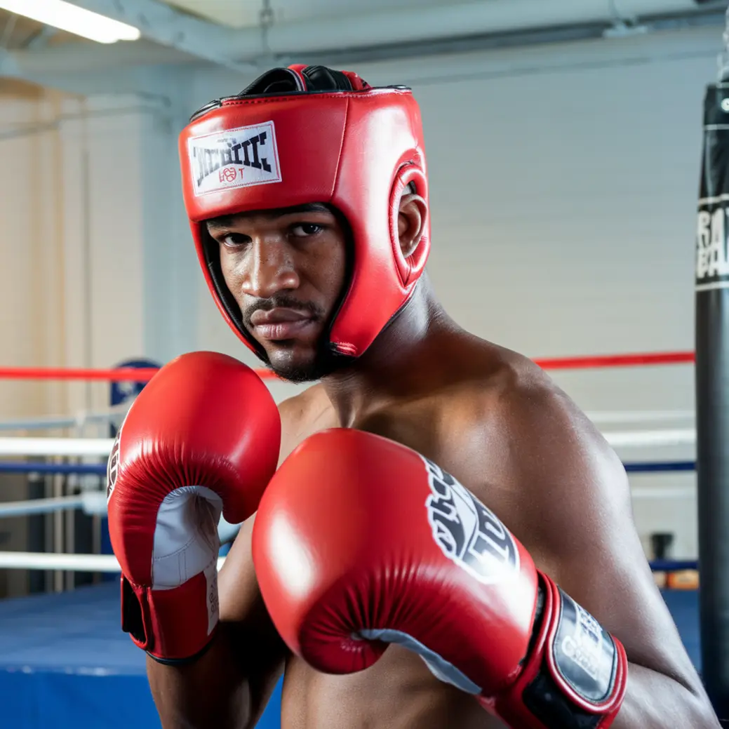 Bokser w czerwonym kasku i rękawicach bokserskich pozuje w gotowości do walki w ringu treningowym.  Na kasku widoczny nadruk "Everlast". W tle widać liny ringu.