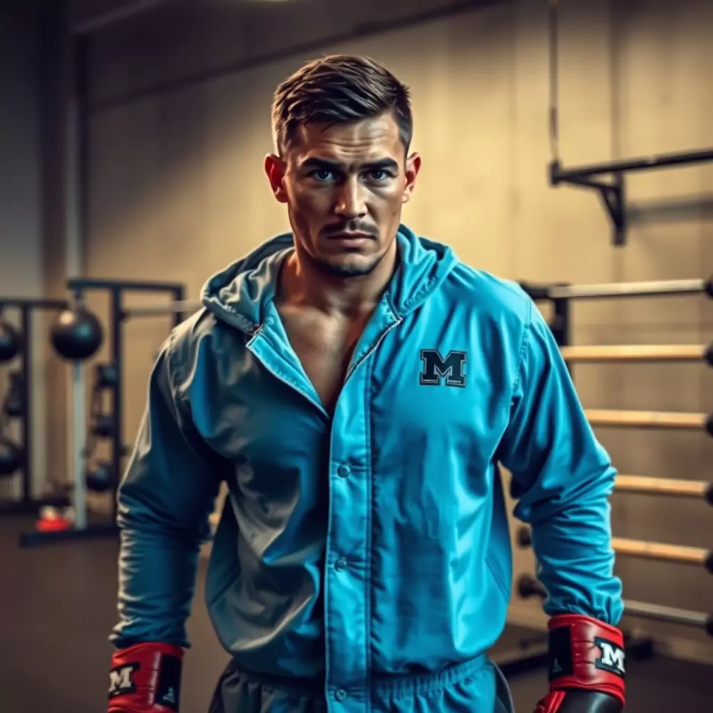 Mężczyzna w jasnoniebieskim stroju treningowym z literą „M” i czerwonych rękawicach stoi w sali gimnastycznej. W tle widoczne są hantle i sprzęt do ćwiczeń siłowych.