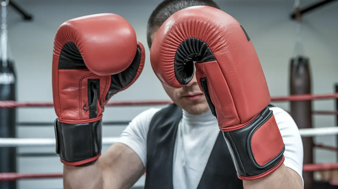 Bokser przygotowujący się do treningu z rękawicami bokserskimi w tle