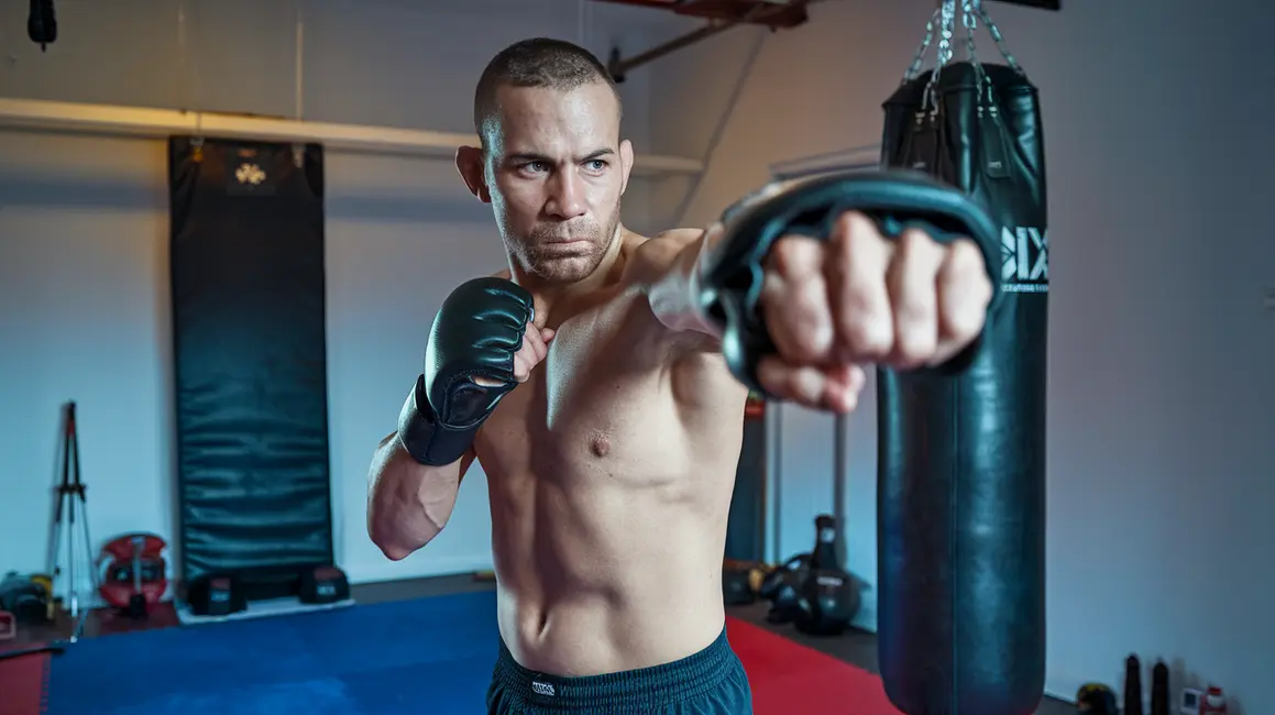 Pokój przeznaczony na trening MMA, z widocznym sprzętem jak worek i mata.