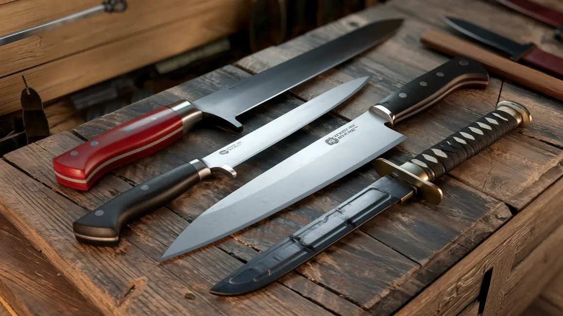 Osoba analizująca noże do samoobrony na stole