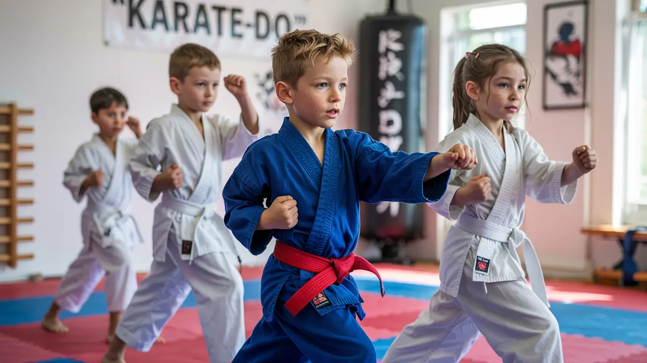 Dzieci w kimonach trenują karate, wykonując ruchy rękoma. Znajdują się na macie w jasnym pomieszczeniu z plakatem „KARATE-DO” na ścianie.