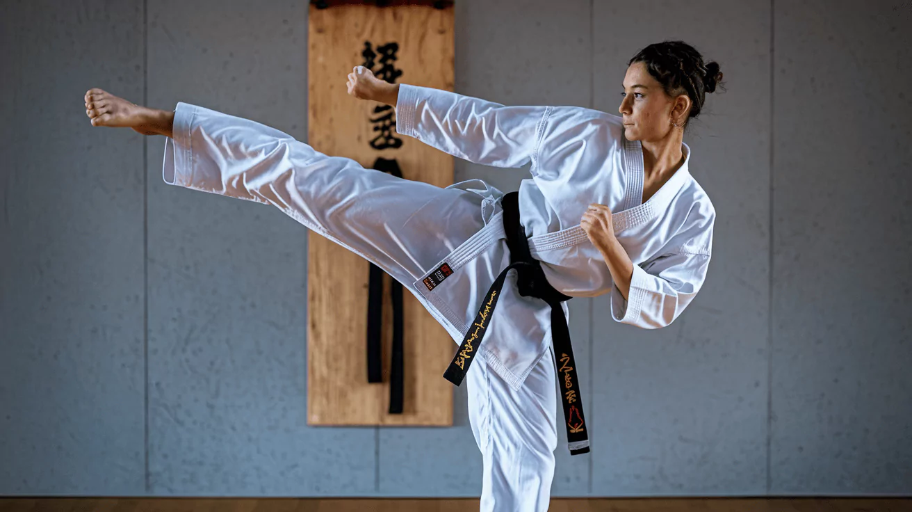 Osoba w białym kimono wykonuje wysoki kopniak w pustym pomieszczeniu. W tle widać drewnianą tablicę z japońskimi znakami.