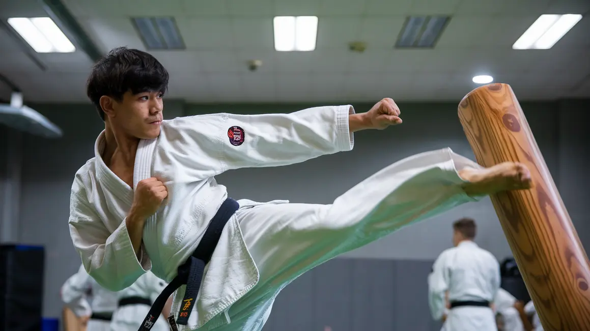 Sportowiec w trakcie kopnięcia z półobrotu na profesjonalnej arenie