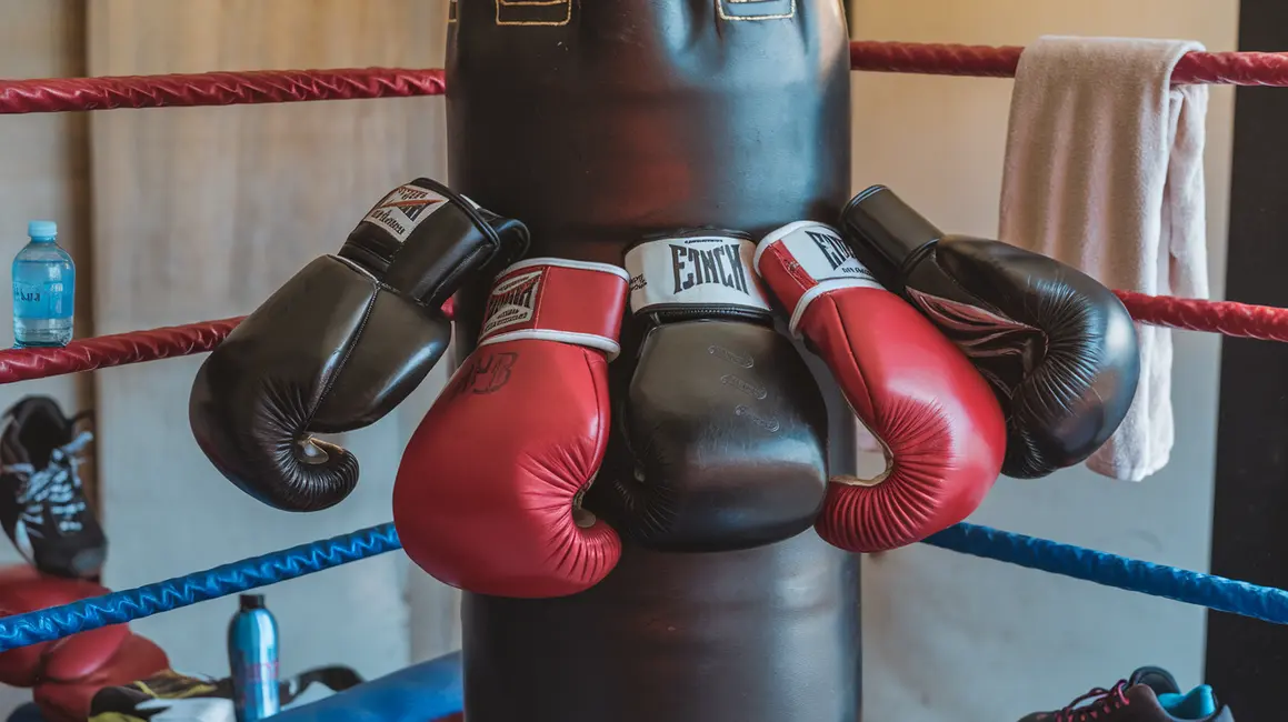 Ilustracja różnych form boksu na tle nocnego miasta.