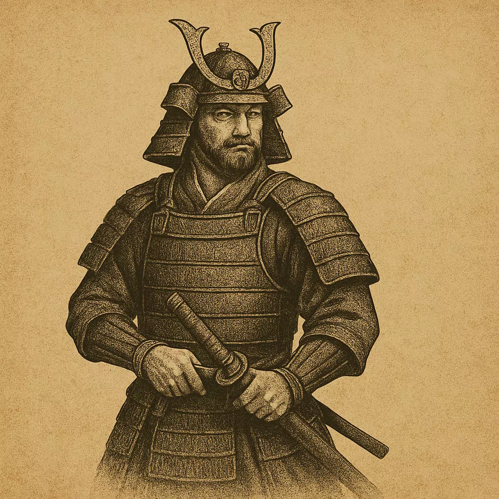 Samuraj w zbroi feudalnej trzyma katanę, stojąc spokojnie. Tło jest beżowe, nadając całości starożytny, historyczny wygląd.