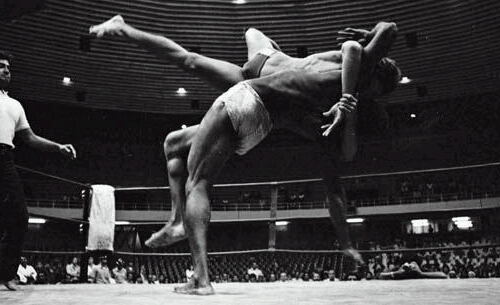 Dwóch zapaśników walczy na ringu. Jeden unosi drugiego, który jest w powietrzu. W tle widać siedzących widzów oraz dużą, okrągłą salę.