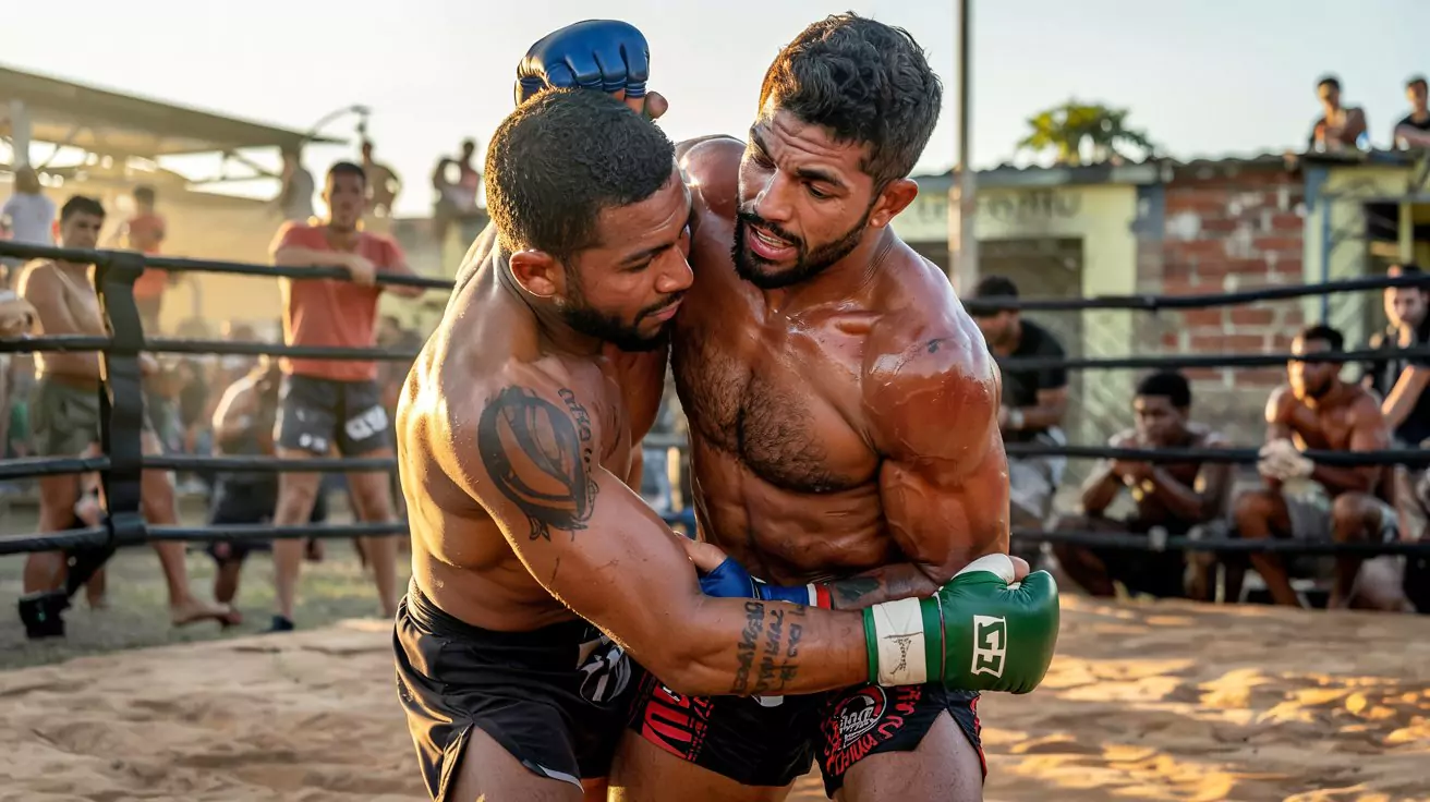 Zawodnicy walczą w ringu, ściskając się nawzajem w zwarciu. Słońce oświetla ich umięśnione ciała. W tle kilku obserwatorów przy murze.