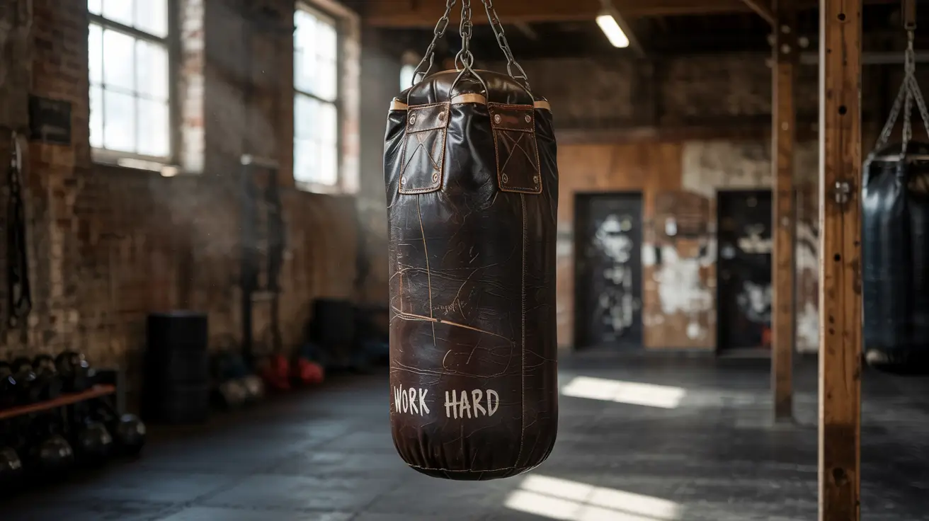 Worek treningowy wisi na stalowych łańcuchach. Na worku widnieje napis „WORK HARD”. Otaczają go ceglane ściany, drewniane filary i sprzęt do ćwiczeń w przestronnej sali gimnastycznej.
