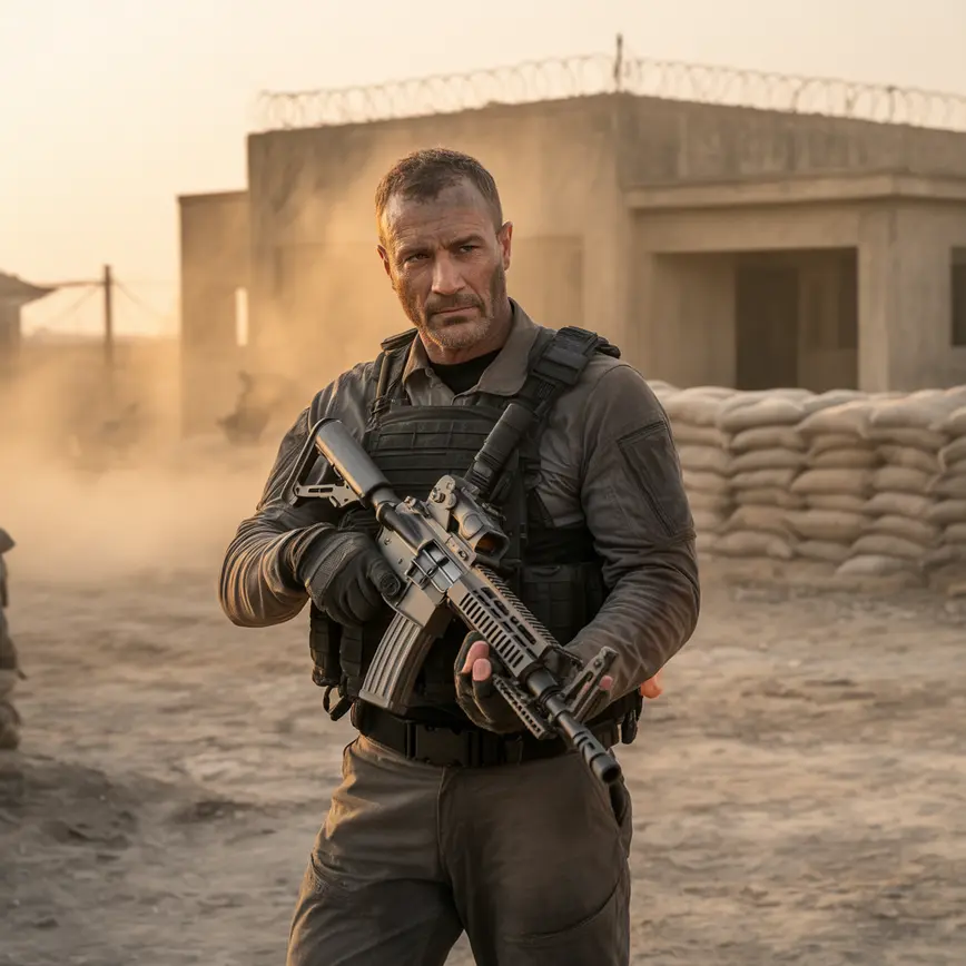 uzbrojony najemnik Blackwater w mundurach i sprzęcie taktycznym na pustynnym tle