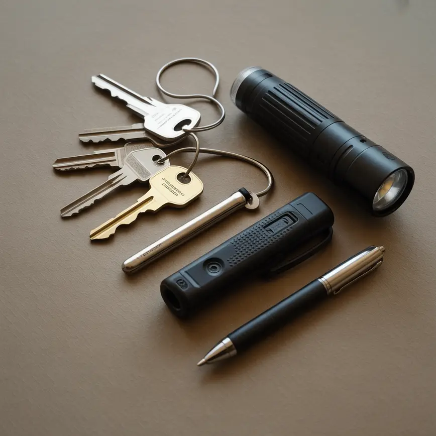 Klucze, latarka i długopis ułożone jako przykładowa broń improwizowana na gładkim tle