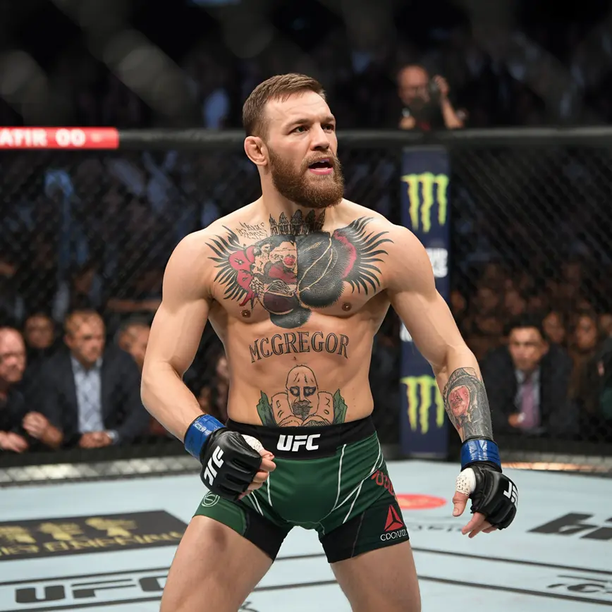 Conor Mcgregor stoi w oktagonie, zdeterminowany, jego ciało pokrywają tatuaże, w tym duży na klatce piersiowej. Tłum w tle obserwuje walkę.