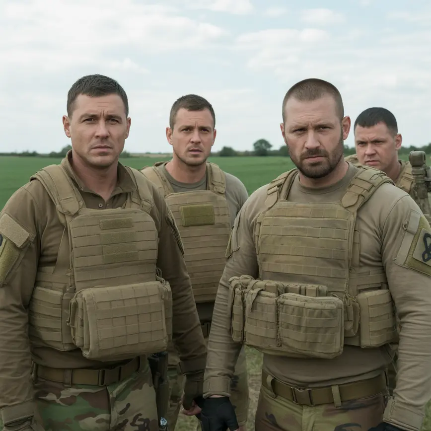 Panoramiczny widok najemników z różnych krajów w taktycznych mundurach na polach Ukrainy